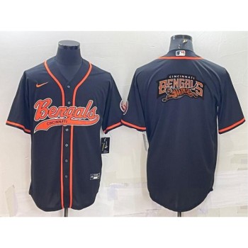 Men's Cincinnati Bengals Black Team Big Logo With Patch Cool Base Stitched Baseball Jersey Men's Cincinnati Bengals Black Team Big Logo With Patch Cool Base Stitched Baseball Jersey