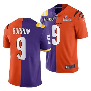 Men's Cincinnati Bengals X LSU Tigers #9 Joe Burrow 2022 Purple/Orange Split Super Bowl LVI Stitched Jersey Men's Cincinnati Bengals X LSU Tigers #9 Joe Burrow 2022 Purple/Orange Split Super Bowl LVI Stitched Jersey