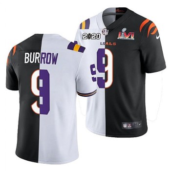 Men's Cincinnati Bengals X LSU Tigers #9 Joe Burrow 2022 White/Black Split Super Bowl LVI Stitched Jersey Men's Cincinnati Bengals X LSU Tigers #9 Joe Burrow 2022 White/Black Split Super Bowl LVI Stitched Jersey