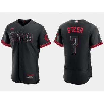 Men's Cincinnati Reds #7 Spencer Steer Black 2023 City Connect Flex Base Stitched Jersey Men's Cincinnati Reds #7 Spencer Steer Black 2023 City Connect Flex Base Stitched Jersey