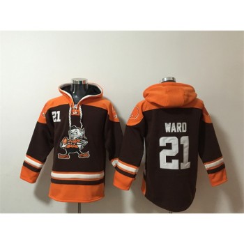 Men's Cleveland Browns #21 Denzel Ward Brown Lace-Up Pullover Hoodie Men's Cleveland Browns #21 Denzel Ward Brown Lace-Up Pullover Hoodie