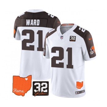 Men's Cleveland Browns #21 Denzel Ward White/Brown 2023 F.U.S.E. With Jim Brown Memorial Patch Vapor Untouchable Limited Stitched Jersey Men's Cleveland Browns #21 Denzel Ward White/Brown 2023 F.U.S.E. With Jim Brown Memorial Patch Vapor Untouchable Limited Stitched Jersey