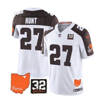 Men's Cleveland Browns #27 Kareem Hunt White/Brown 2023 F.U.S.E. With Jim Brown Memorial Patch Vapor Untouchable Limited Stitched Jersey Men's Cleveland Browns #27 Kareem Hunt White/Brown 2023 F.U.S.E. With Jim Brown Memorial Patch Vapor Untouchable Limited Stitched Jersey