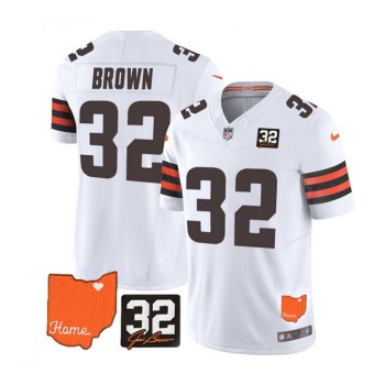 Men's Cleveland Browns #32 Jim Brown White 2023 F.U.S.E. With Jim Brown Memorial Patch Vapor Untouchable Limited Stitched Jersey Men's Cleveland Browns #32 Jim Brown White 2023 F.U.S.E. With Jim Brown Memorial Patch Vapor Untouchable Limited Stitched Jersey