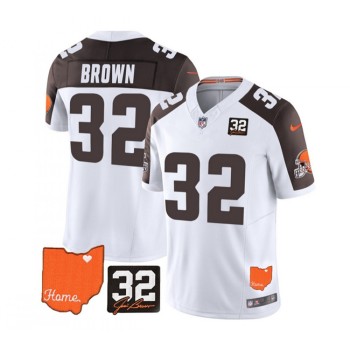 Men's Cleveland Browns #32 Jim Brown White/Brown 2023 F.U.S.E. With Jim Brown Memorial Patch Vapor Untouchable Limited Stitched Jersey Men's Cleveland Browns #32 Jim Brown White/Brown 2023 F.U.S.E. With Jim Brown Memorial Patch Vapor Untouchable Limited Stitched Jersey