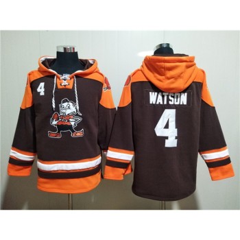 Men's Cleveland Browns #4 Deshaun Watson Brown Lace-Up Pullover Hoodie Men's Cleveland Browns #4 Deshaun Watson Brown Lace-Up Pullover Hoodie