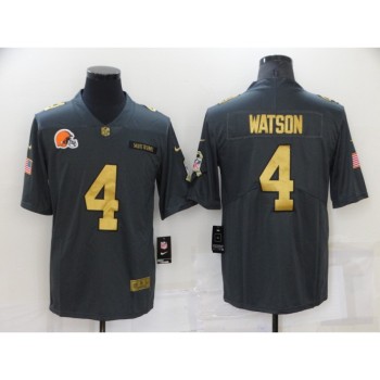 Men's Cleveland Browns #4 Deshaun Watson Grey/Gold Salute To Service Limited Stitched Jersey Men's Cleveland Browns #4 Deshaun Watson Grey/Gold Salute To Service Limited Stitched Jersey