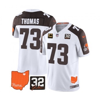Men's Cleveland Browns #73 Joe Thomas White/Brown 2023 F.U.S.E. With Jim Brown Memorial Patch And 4-Star C Patch Vapor Untouchable Limited Stitched Jersey Men's Cleveland Browns #73 Joe Thomas White/Brown 2023 F.U.S.E. With Jim Brown Memorial Patch And 4-Star C Patch Vapor Untouchable Limited Stitched Jersey