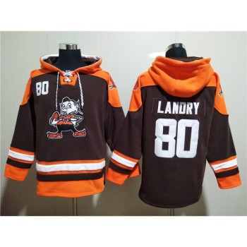 Men's Cleveland Browns #80 Jarvis Landry Brown Lace-Up Pullover Hoodie Men's Cleveland Browns #80 Jarvis Landry Brown Lace-Up Pullover Hoodie