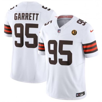 Men's Cleveland Browns #95 Myles Garrett White 2023 F.U.S.E. With John Madden Patch Vapor Limited Stitched Football Jersey Men's Cleveland Browns #95 Myles Garrett White 2023 F.U.S.E. With John Madden Patch Vapor Limited Stitched Football Jersey