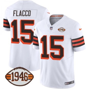 Men's Cleveland Browns #15 Joe Flacco White 2023 F.U.S.E. 1946 Collection Vapor Limited Stitched Football Jersey Men's Cleveland Browns #15 Joe Flacco White 2023 F.U.S.E. 1946 Collection Vapor Limited Stitched Football Jersey