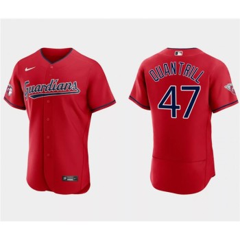 Men's Cleveland Guardians #47 Cal Quantrill Red Flex Base Stitched Jersey Men's Cleveland Guardians #47 Cal Quantrill Red Flex Base Stitched Jersey