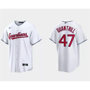 Men's Cleveland Guardians #47 Cal Quantrill White Cool Base Stitched Jersey Men's Cleveland Guardians #47 Cal Quantrill White Cool Base Stitched Jersey