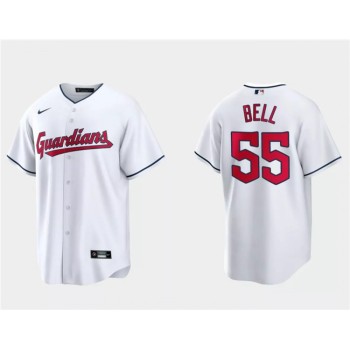 Men's Cleveland Guardians #55 Josh Bell White Cool Base Stitched Jersey Men's Cleveland Guardians #55 Josh Bell White Cool Base Stitched Jersey