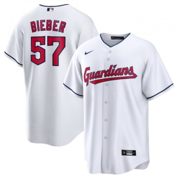 Men's Cleveland Guardians #57 Shane Bieber White Cool Base Stitched Baseball Jersey Men's Cleveland Guardians #57 Shane Bieber White Cool Base Stitched Baseball Jersey