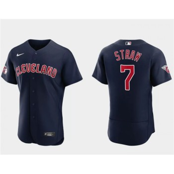Men's Cleveland Guardians #7 Myles Straw Navy Flex Base Stitched Jersey Men's Cleveland Guardians #7 Myles Straw Navy Flex Base Stitched Jersey