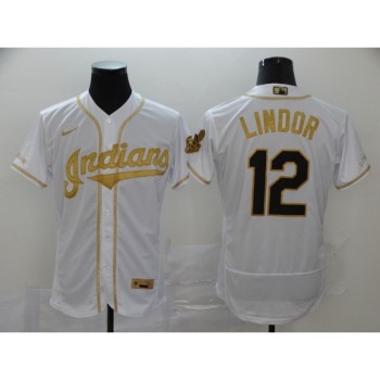 Men's Cleveland indians #12 Francisco Lindor 2020 White Golden Flex Base Stitched MLB Jersey Men's Cleveland indians #12 Francisco Lindor 2020 White Golden Flex Base Stitched MLB Jersey