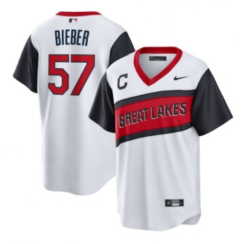 Men's Cleveland indians #57 Shane Bieber 2021 White Little League Classic Home Cool Base Stitched Baseball Jersey Men's Cleveland indians #57 Shane Bieber 2021 White Little League Classic Home Cool Base Stitched Baseball Jersey