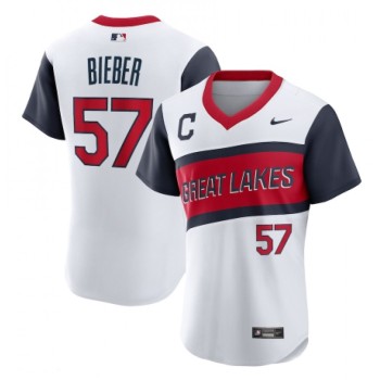 Men's Cleveland indians #57 Shane Bieber 2021 White Little League Classic Home Flex Base Stitched Baseball Jersey Men's Cleveland indians #57 Shane Bieber 2021 White Little League Classic Home Flex Base Stitched Baseball Jersey