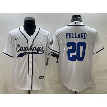 Men's Dallas Cowboys #20 Tony Pollard White With Patch Cool Base Stitched Baseball Jersey