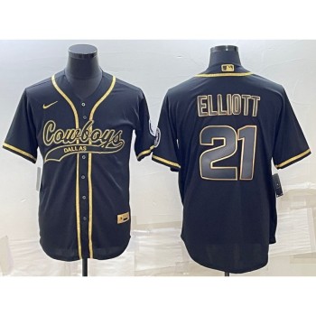 Men's Dallas Cowboys #21 Ezekiel Elliott Black Gold With Patch Cool Base Stitched Baseball Jersey Men's Dallas Cowboys #21 Ezekiel Elliott Black Gold With Patch Cool Base Stitched Baseball Jersey