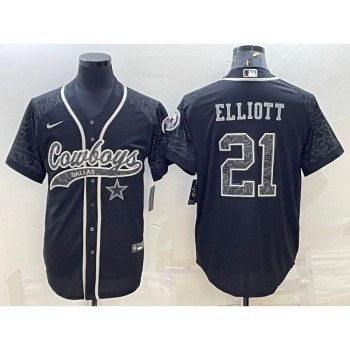 Men's Dallas Cowboys #21 Ezekiel Elliott Black Reflective With Patch Cool Base Stitched Baseball Jersey Men's Dallas Cowboys #21 Ezekiel Elliott Black Reflective With Patch Cool Base Stitched Baseball Jersey