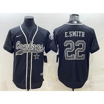 Men's Dallas Cowboys #22 Emmitt Smith Black Reflective With Patch Cool Base Stitched Baseball Jersey Men's Dallas Cowboys #22 Emmitt Smith Black Reflective With Patch Cool Base Stitched Baseball Jersey