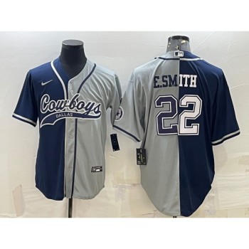 Men's Dallas Cowboys #22 Emmitt Smith Navy/Grey Split With Patch Cool Base Stitched Baseball Jersey