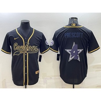 Men's Dallas Cowboys #4 Dak Prescott Black Gold Team Big Logo With Patch Cool Base Stitched Baseball Jersey Men's Dallas Cowboys #4 Dak Prescott Black Gold Team Big Logo With Patch Cool Base Stitched Baseball Jersey