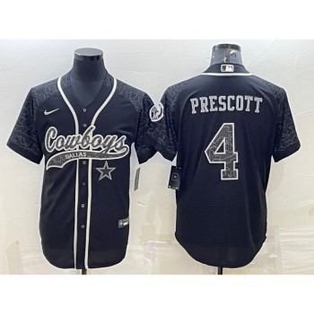 Men's Dallas Cowboys #4 Dak Prescott Black Reflective With Patch Cool Base Stitched Baseball Jersey Men's Dallas Cowboys #4 Dak Prescott Black Reflective With Patch Cool Base Stitched Baseball Jersey