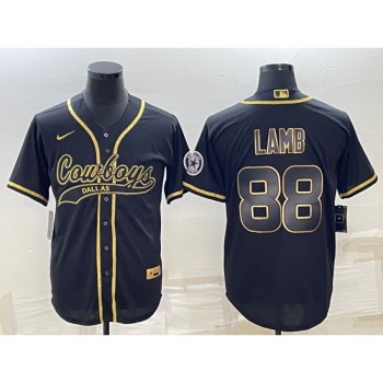 Men's Dallas Cowboys #88 CeeDee Lamb Black Gold With Patch Cool Base Stitched Baseball Jersey Men's Dallas Cowboys #88 CeeDee Lamb Black Gold With Patch Cool Base Stitched Baseball Jersey