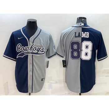 Men's Dallas Cowboys #88 CeeDee Lamb Navy/Grey Split With Patch Cool Base Stitched Baseball Jersey