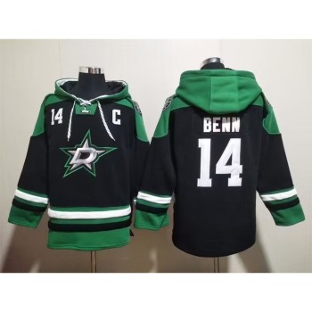 Men's Dallas Stars #14 Jamie Benn Black Green Lace-Up Pullover Hoodie Men's Dallas Stars #14 Jamie Benn Black Green Lace-Up Pullover Hoodie