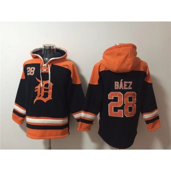 Men's Detroit Tigers #28 Javier Baez Black/Orange Lace-Up Pullover Hoodie Men's Detroit Tigers #28 Javier Baez Black/Orange Lace-Up Pullover Hoodie