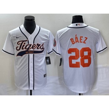 Men's Detroit Tigers #28 Javier Baez White Cool Base Stitched Baseball Jersey Men's Detroit Tigers #28 Javier Baez White Cool Base Stitched Baseball Jersey