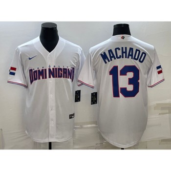 Men's Dominican Republic Baseball #13 Manny Machado 2023 White World Baseball Classic Stitched Jersey Men's Dominican Republic Baseball #13 Manny Machado 2023 White World Baseball Classic Stitched Jersey