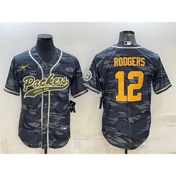 Men's Green Bay Packers #12 Aaron Rodgers Grey Gold Camo With Patch Cool Base Stitched Baseball Jersey Men's Green Bay Packers #12 Aaron Rodgers Grey Gold Camo With Patch Cool Base Stitched Baseball Jersey