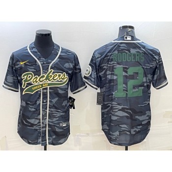 Men's Green Bay Packers #12 Aaron Rodgers Grey Green Camo With Patch Cool Base Stitched Baseball Jersey