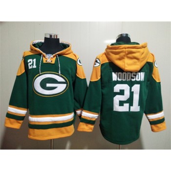 Men's Green Bay Packers #21 Charles Woodson Green Lace-Up Pullover Hoodie Men's Green Bay Packers #21 Charles Woodson Green Lace-Up Pullover Hoodie