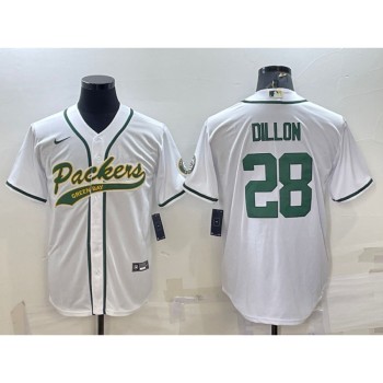 Men's Green Bay Packers #28 A.J. Dillon White With Patch Cool Base Stitched Baseball Jersey Men's Green Bay Packers #28 A.J. Dillon White With Patch Cool Base Stitched Baseball Jersey