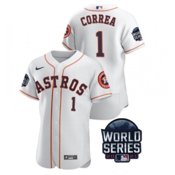 Men's Houston Astros #1 Carlos Correa 2021 White World Series Flex Base Stitched Baseball Jersey Men's Houston Astros #1 Carlos Correa 2021 White World Series Flex Base Stitched Baseball Jersey