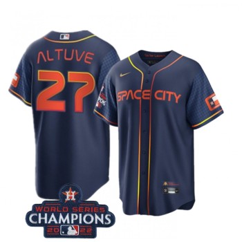 Men's Houston Astros #27 Jose Altuve Navy 2022 World Series Champions City Connect Stitched Baseball Jersey Men's Houston Astros #27 Jose Altuve Navy 2022 World Series Champions City Connect Stitched Baseball Jersey