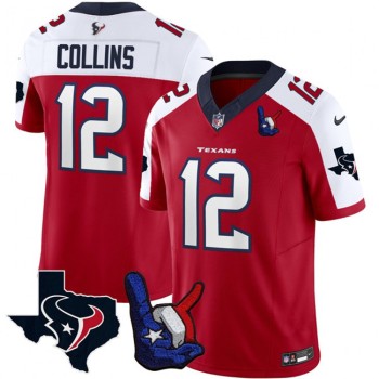 Men's Houston Texans #12 Nico Collins Red/White 2023 F.U.S.E. With Hand Sign Throwing Up The H Patch Vapor Untouchable Limited Stitched Football Jersey Men's Houston Texans #12 Nico Collins Red/White 2023 F.U.S.E. With Hand Sign Throwing Up The H Patch Vapor Untouchable Limited Stitched Football Jersey