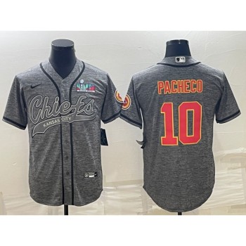 Men's Kansas City Chiefs #10 Isiah Pacheco Grey With Super Bowl LVII Patch Cool Base Stitched Baseball Jersey Men's Kansas City Chiefs #10 Isiah Pacheco Grey With Super Bowl LVII Patch Cool Base Stitched Baseball Jersey