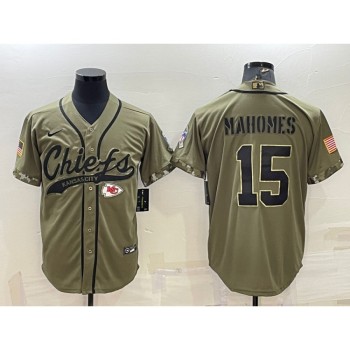 Men's Kansas City Chiefs #15 Patrick Mahomes 2022 Olive Salute to Service Cool Base Stitched Baseball Jersey