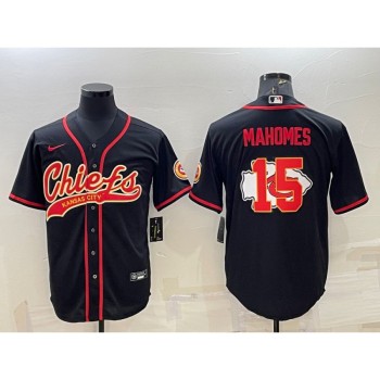 Men's Kansas City Chiefs #15 Patrick Mahomes Black Team Big Logo With Patch Cool Base Stitched Baseball Jersey Men's Kansas City Chiefs #15 Patrick Mahomes Black Team Big Logo With Patch Cool Base Stitched Baseball Jersey
