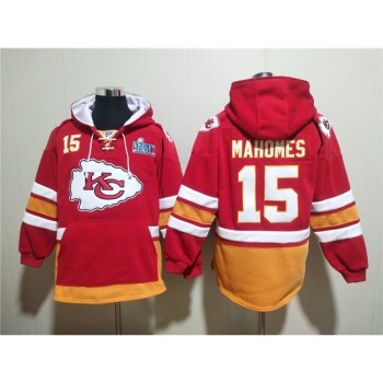 Men's Kansas City Chiefs #15 Patrick Mahomes Red Super Bowl Lace-Up Pullover Hoodie Men's Kansas City Chiefs #15 Patrick Mahomes Red Super Bowl Lace-Up Pullover Hoodie