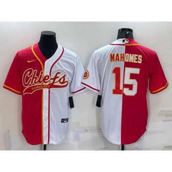 Men's Kansas City Chiefs #15 Patrick Mahomes Red/White Split With Patch Cool Base Stitched Baseball Jersey Men's Kansas City Chiefs #15 Patrick Mahomes Red/White Split With Patch Cool Base Stitched Baseball Jersey
