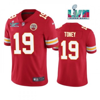 Men's Kansas City Chiefs #19 Kadarius Toney Red Super Bowl LVII Patch Vapor Untouchable Limited Stitched Football Jersey Men's Kansas City Chiefs #19 Kadarius Toney Red Super Bowl LVII Patch Vapor Untouchable Limited Stitched Football Jersey