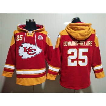 Men's Kansas City Chiefs #25 Clyde Edwards-Helaire Red Lace-Up Pullover Hoodie Men's Kansas City Chiefs #25 Clyde Edwards-Helaire Red Lace-Up Pullover Hoodie